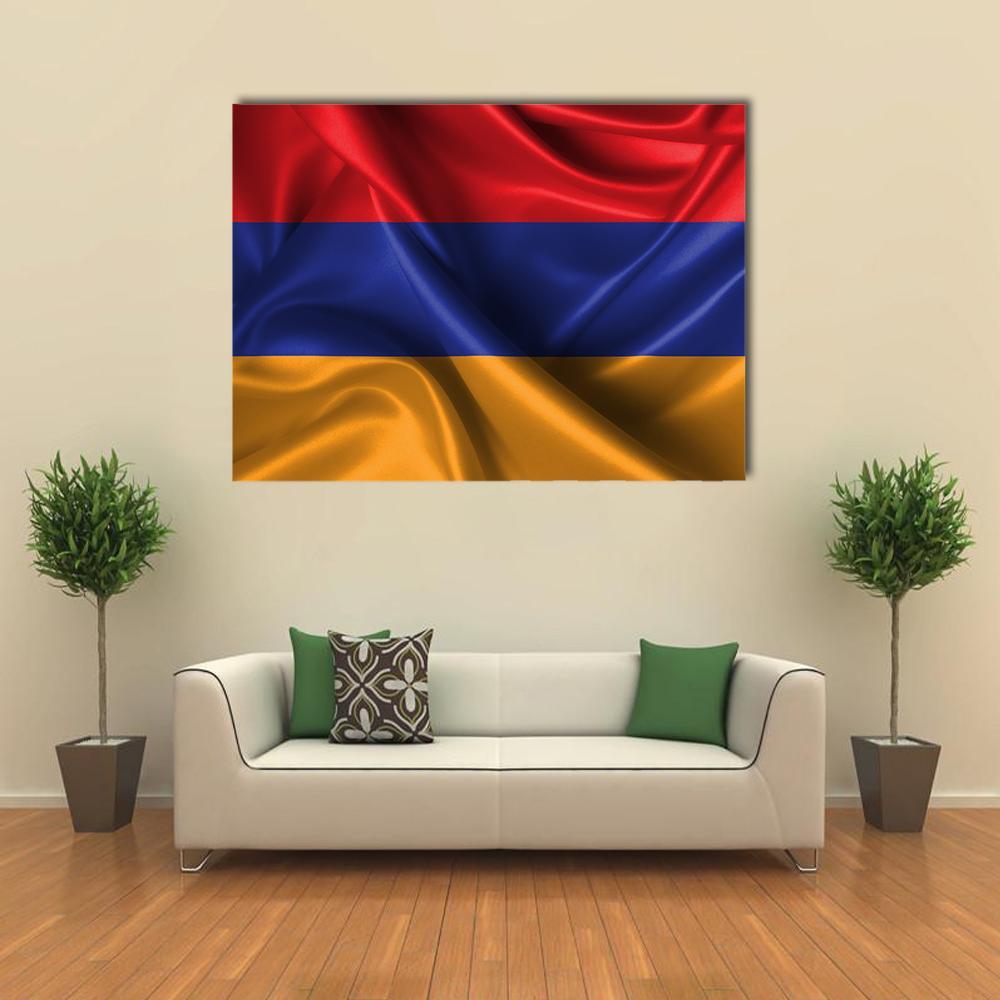 Waving Armenian Flag Canvas Wall Art in red, orange and blue, single panel hung on a wall