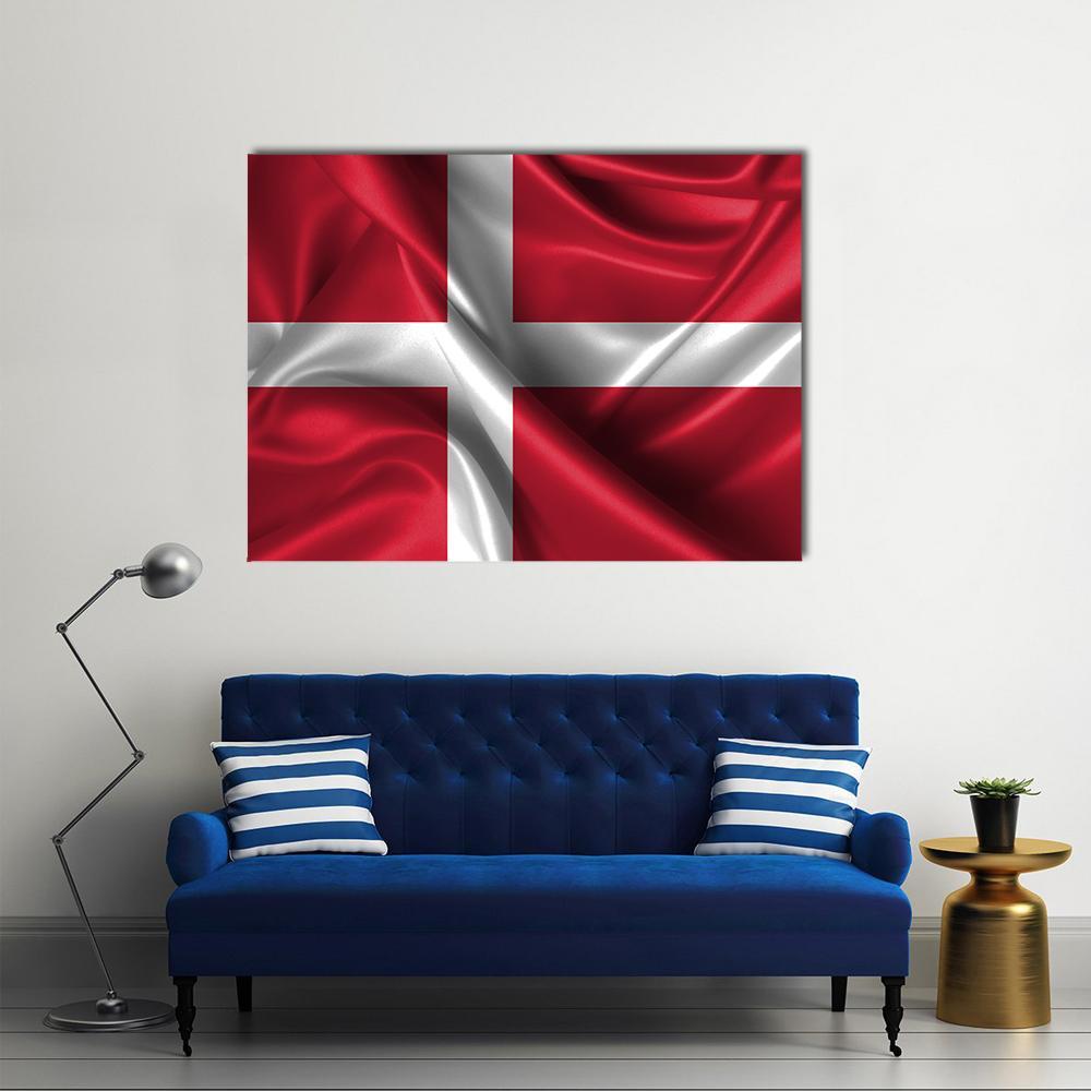 Waving Danish Flag with Satin Texture Canvas Wall Art in white and red, single panel hung on a wall