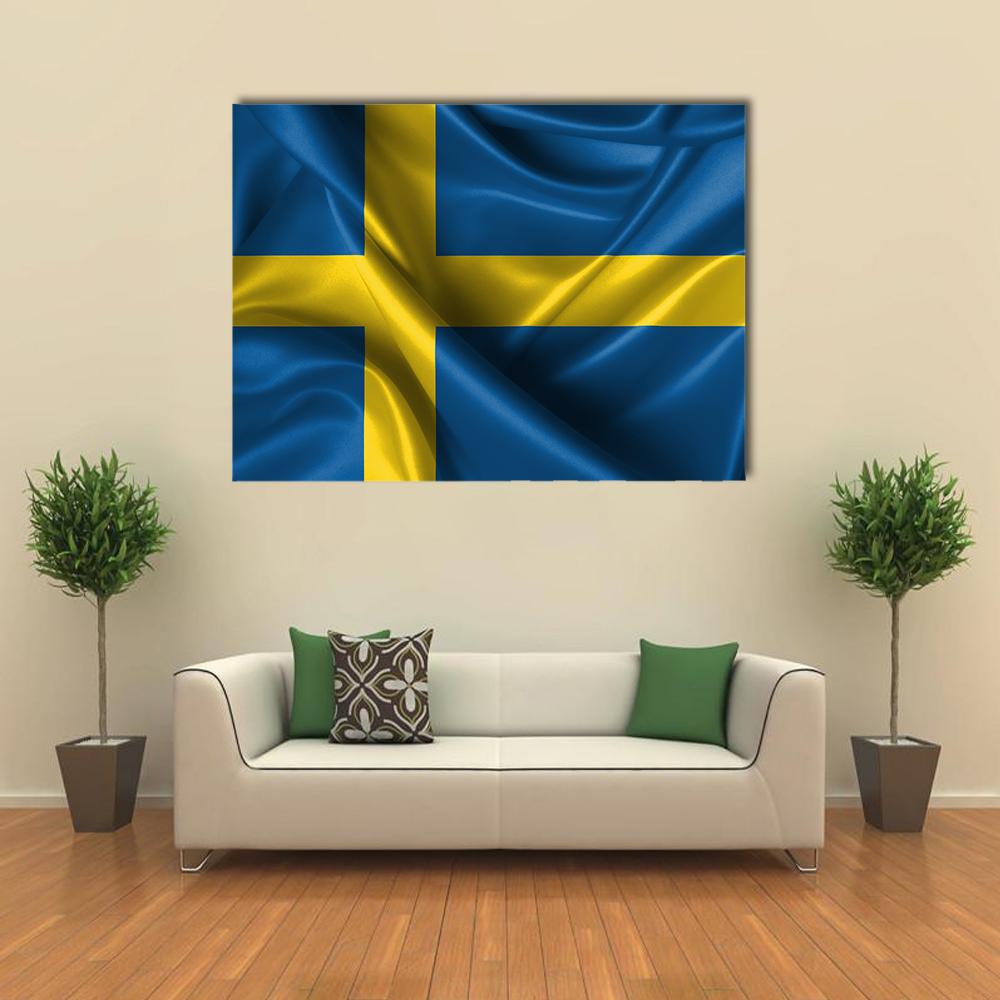 Rippled Swedish Flag Canvas Wall Art in yellow and blue, single panel hung on a wall
