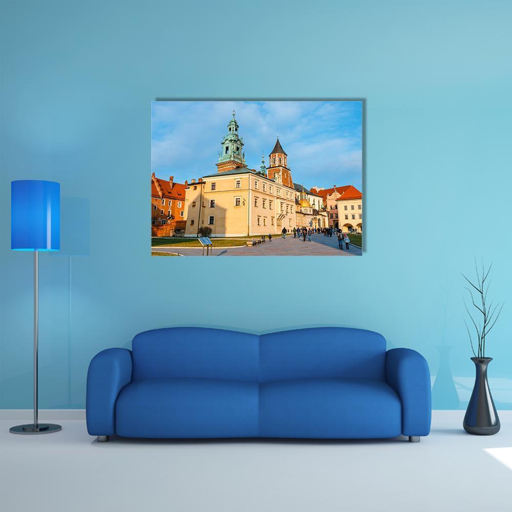 Wawel Castle in Krakow Canvas Wall Art in orange, yellow and blue, single panel hung on a wall