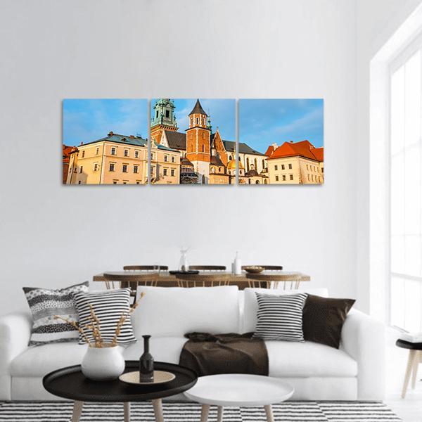 Wawel Castle in Krakow Panoramic Canvas Wall Art in beige, orange and blue, hung on a wall