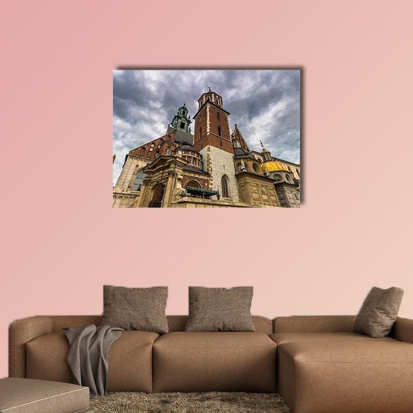 Wawel Cathedral in Krakow Canvas Wall Art in gray, beige and brown, single panel hung on a wall