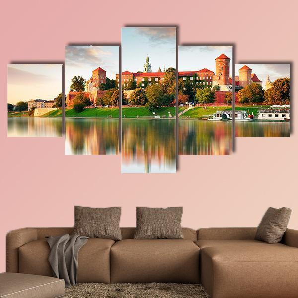 Wawel Hill With Castle In Pink Light Canvas Wall Art-5 Star-Gallery Wrap-62" x 32"-Tiaracle