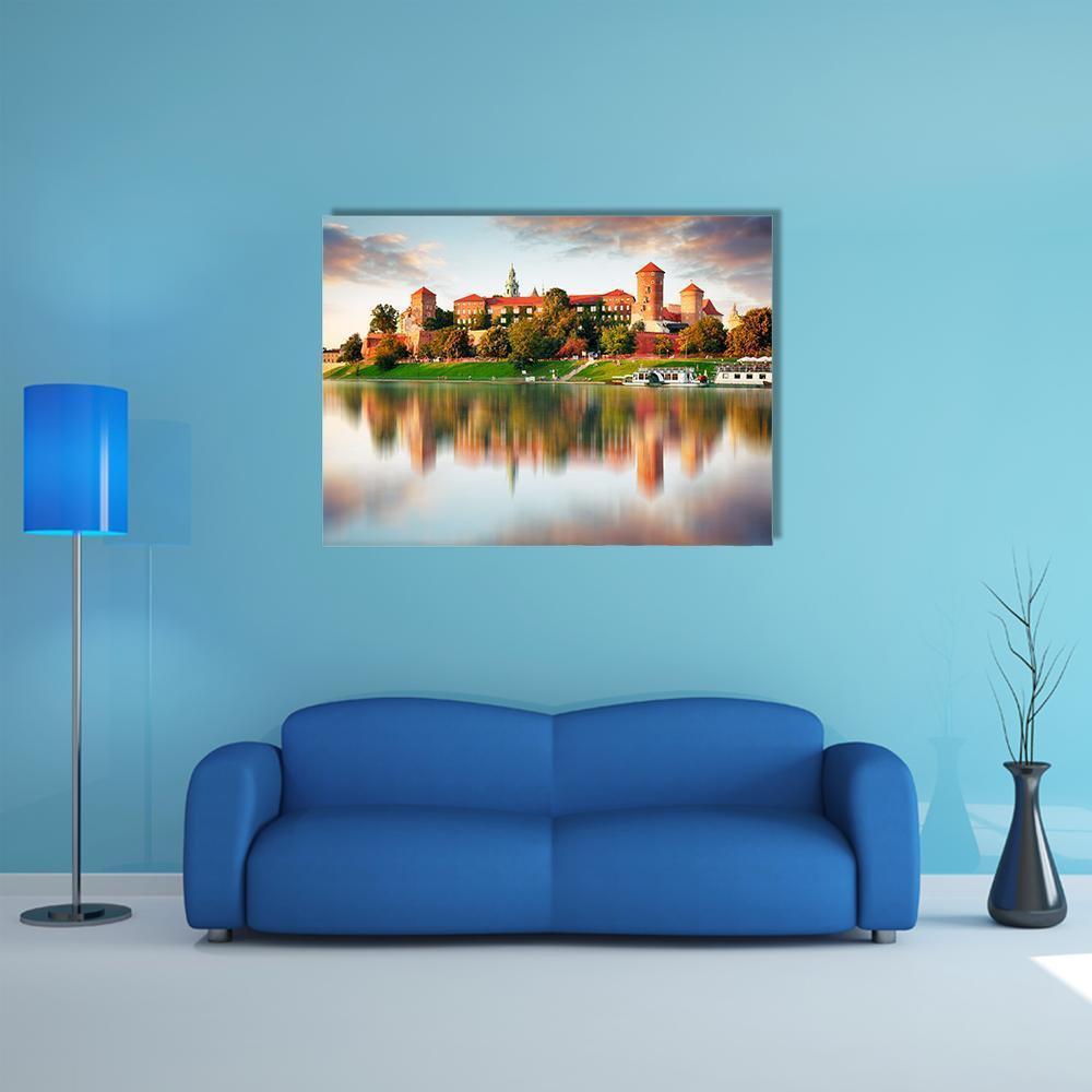 Wawel Hill Castle at Sunset Canvas Wall Art in brown, orange and blue, single panel hung on a wall