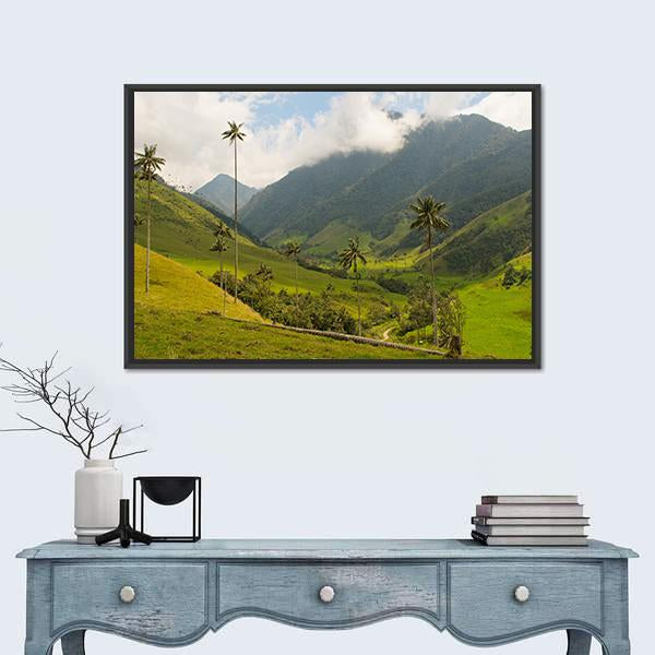 Wax Palm Trees of Cocora Valley Canvas Wall Art in white, green and blue, framed canvas, product view on a white background