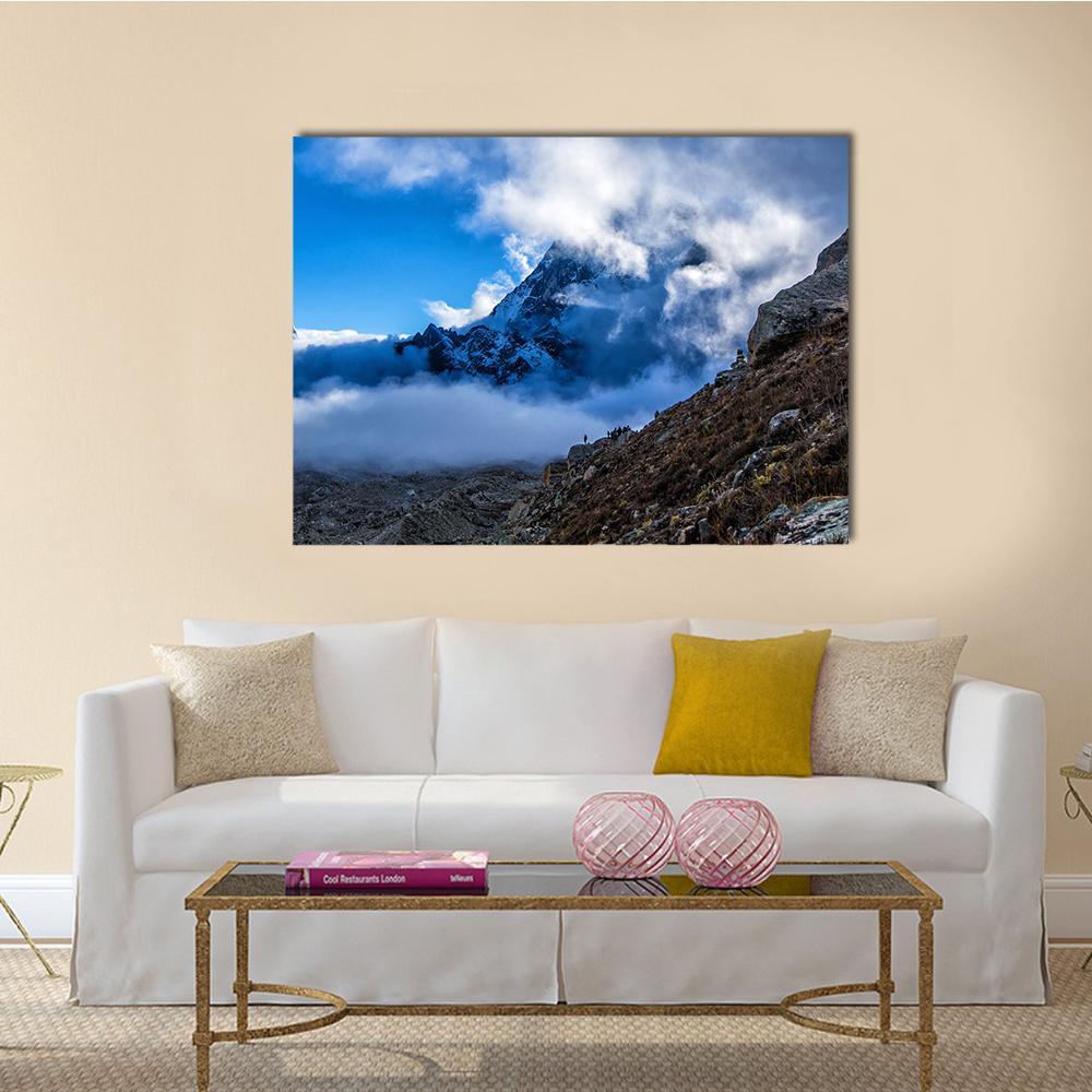 Way to Everest Base Camp Canvas Wall Art in white, brown and blue, single panel hung on a wall