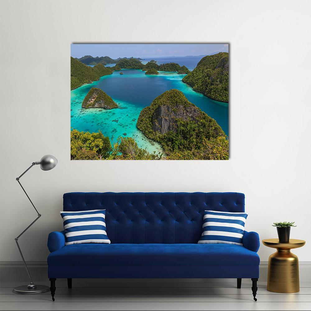 Wayag Viewpoint, Raja Ampat Canvas Wall Art in green and blue, single panel hung on a wall