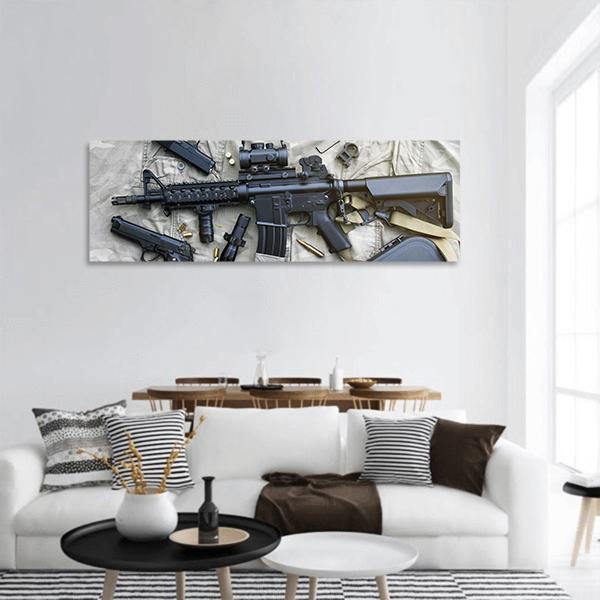 Weapons And Military Equipment For Army Panoramic Canvas Wall Art-3 Piece-25" x 08"-Tiaracle