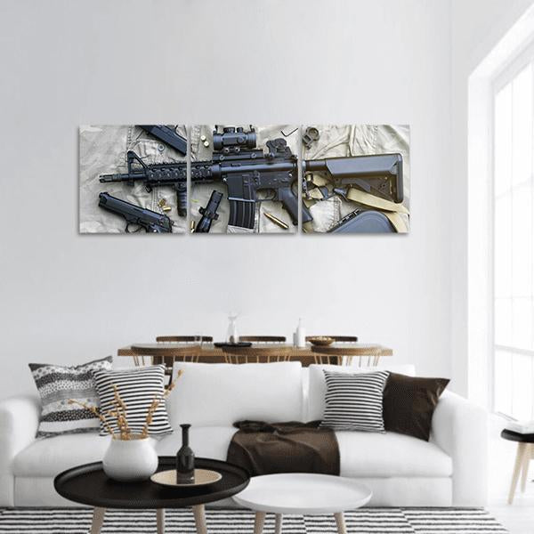 Weapons And Military Equipment For Army Panoramic Canvas Wall Art-3 Piece-25" x 08"-Tiaracle