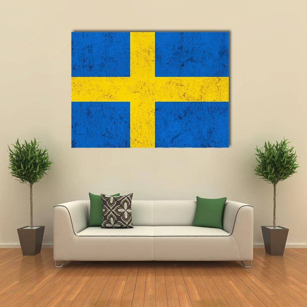 Weathered Swedish Flag Canvas Wall Art in yellow and blue, single panel hung on a wall