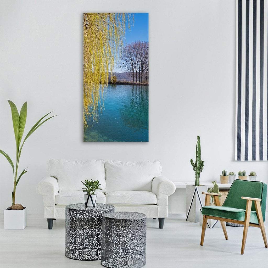 Weeping Willow Pasture River In Spring Vertical Canvas Wall Art-3 Vertical-Gallery Wrap-12" x 25"-Tiaracle