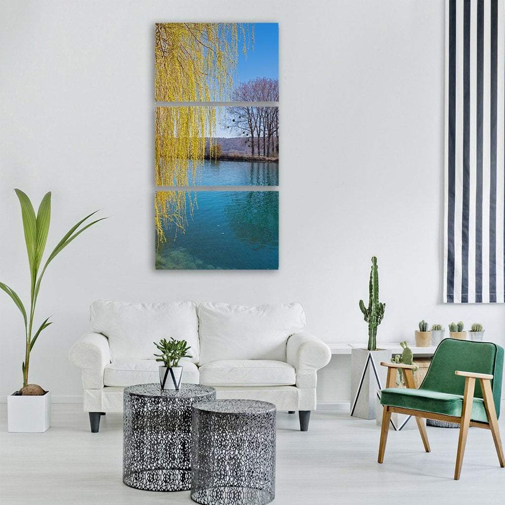 Weeping Willow Pasture River In Spring Vertical Canvas Wall Art-3 Vertical-Gallery Wrap-12" x 25"-Tiaracle