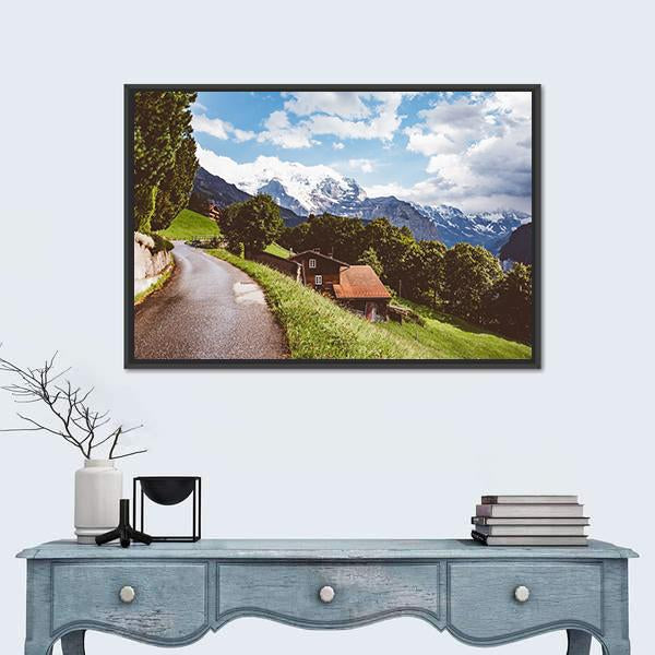 Wengen Resort In Swiss Alp Canvas Wall Art-1 Piece-Floating Frame-24" x 16"-Tiaracle