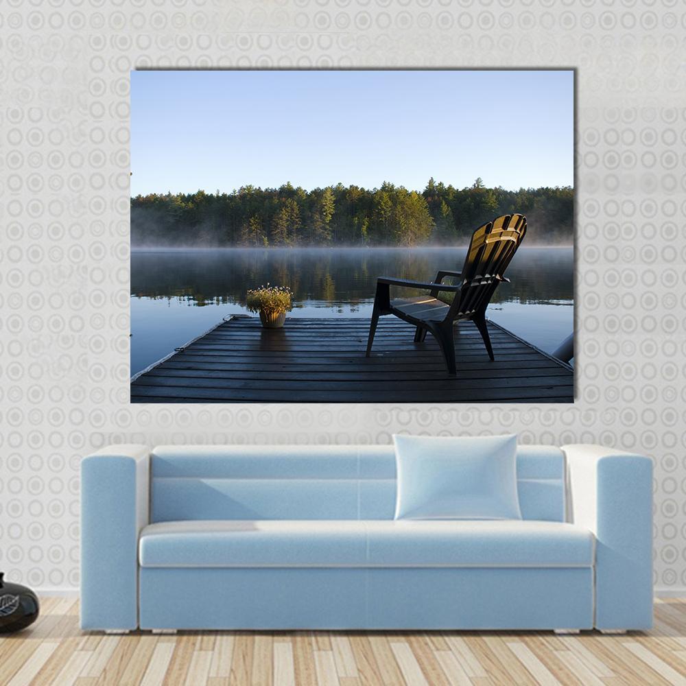 Weslemkoon Lake View from the Dock Canvas Wall Art in brown, green and blue, single panel hung on a wall