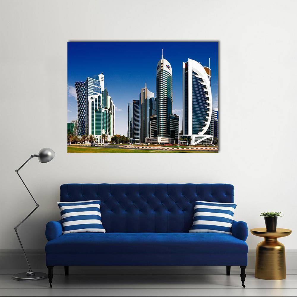 Doha West Bay Skyline Canvas Wall Art in white, gray and blue, single panel hung on a wall