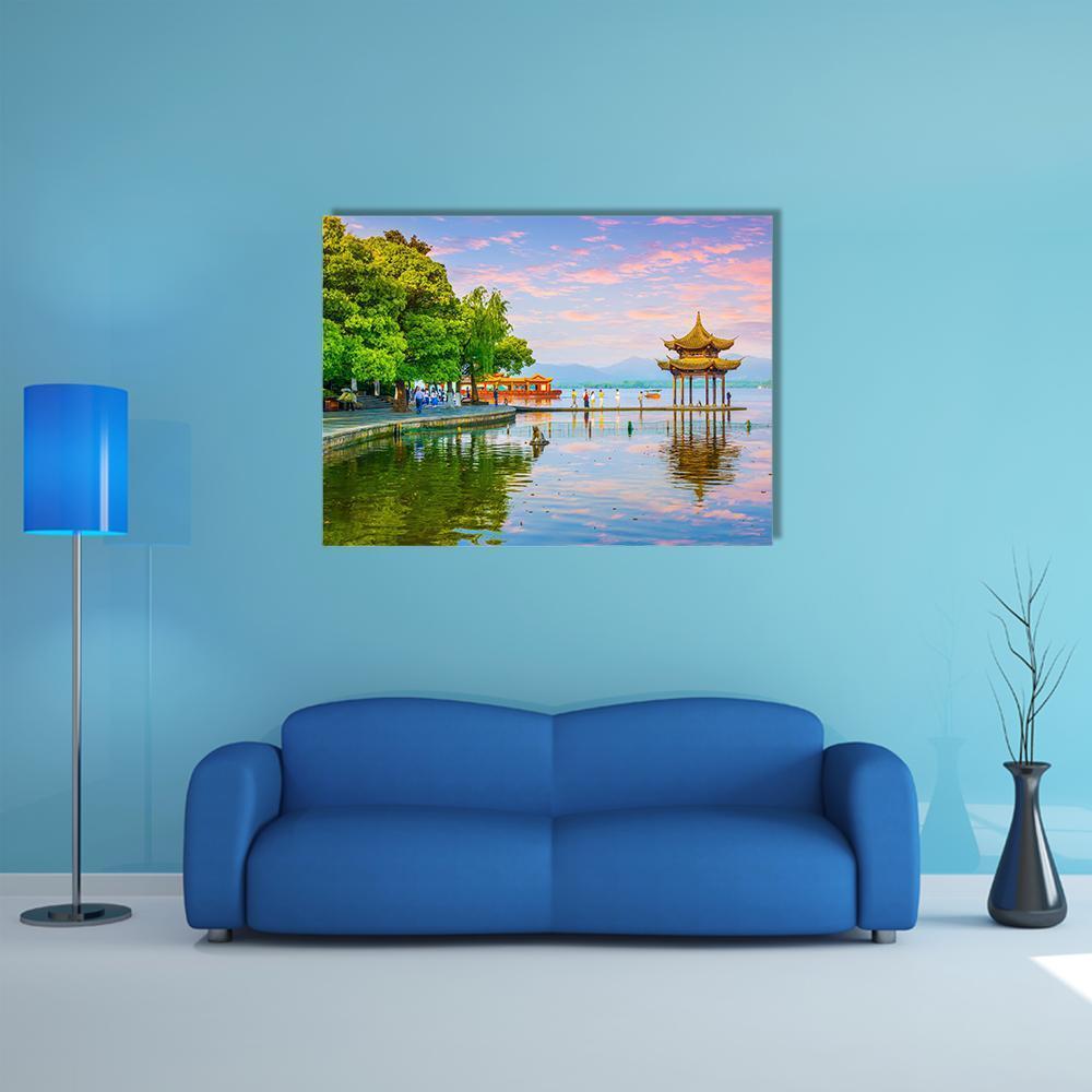 West Lake Hangzhou Scenery Canvas Wall Art-1 Piece-Gallery Wrap-48" x 32"-Tiaracle