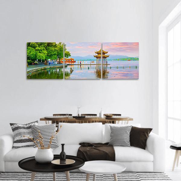 West Lake Hangzhou Scenery Panoramic Canvas Wall Art-3 Piece-25" x 08"-Tiaracle