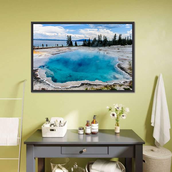 West Thumb Geyser Basin Landscape Canvas Wall Art in white, gray and blue, framed canvas, product view on a white background