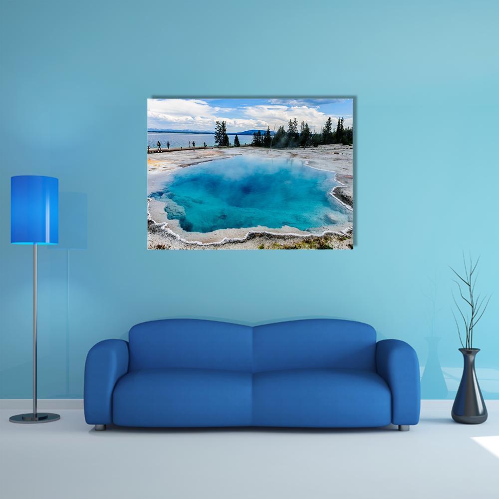 West Thumb Geyser Basin Landscape Canvas Wall Art in white, gray and blue, single panel hung on a wall
