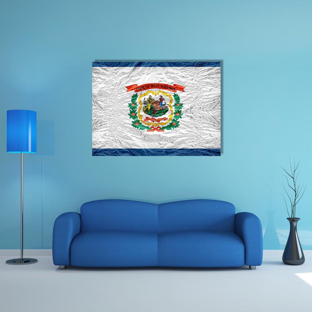 West Virginia State Flag Vintage Print Canvas Wall Art in white and blue, single panel hung on a wall