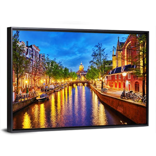 Westerkerk With Water Canal View In Amsterdam Canvas Wall Art-3 Horizontal-Gallery Wrap-25" x 16"-Tiaracle
