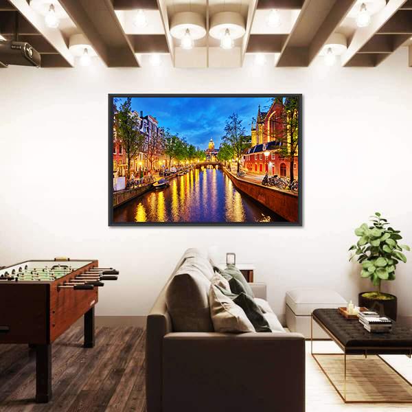 Westerkerk With Water Canal View In Amsterdam Canvas Wall Art-3 Horizontal-Gallery Wrap-25" x 16"-Tiaracle
