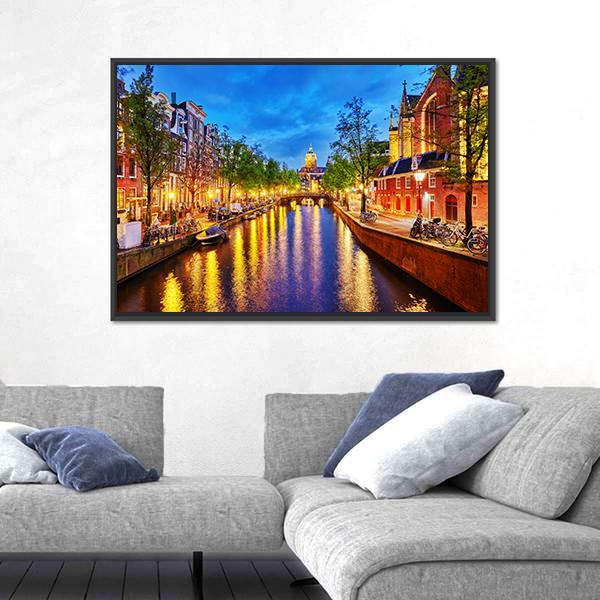 Westerkerk With Water Canal View In Amsterdam Canvas Wall Art-3 Horizontal-Gallery Wrap-25" x 16"-Tiaracle