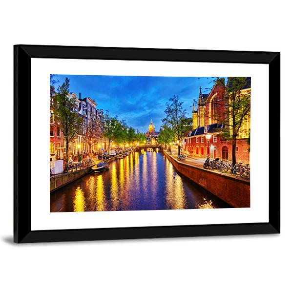 Westerkerk With Water Canal View In Amsterdam Canvas Wall Art-3 Horizontal-Gallery Wrap-25" x 16"-Tiaracle