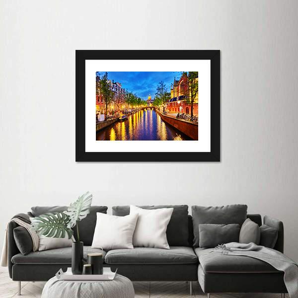 Westerkerk With Water Canal View In Amsterdam Canvas Wall Art-3 Horizontal-Gallery Wrap-25" x 16"-Tiaracle