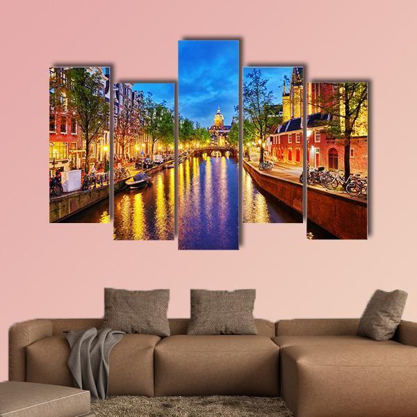 Westerkerk With Water Canal View In Amsterdam Canvas Wall Art-5 Pop-Gallery Wrap-47" x 32"-Tiaracle