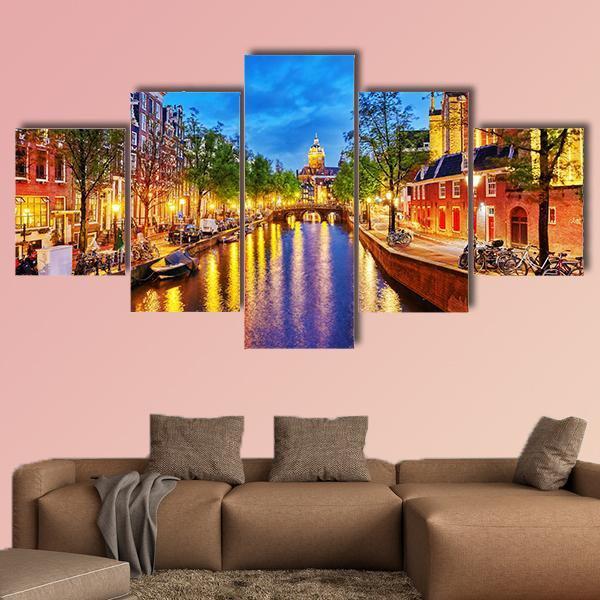 Westerkerk With Water Canal View In Amsterdam Canvas Wall Art-5 Star-Gallery Wrap-62" x 32"-Tiaracle
