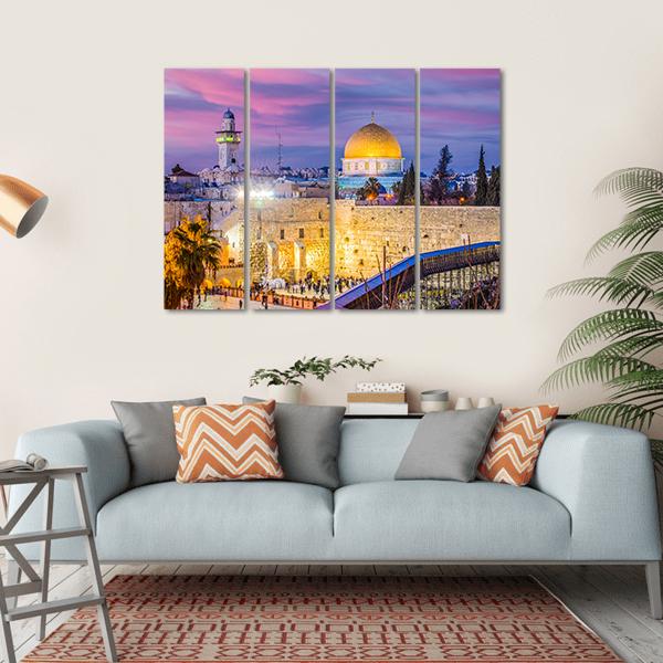 Western and Temple Mount in Jerusalem Canvas Wall Art in gold, blue and purple, hung on a wall