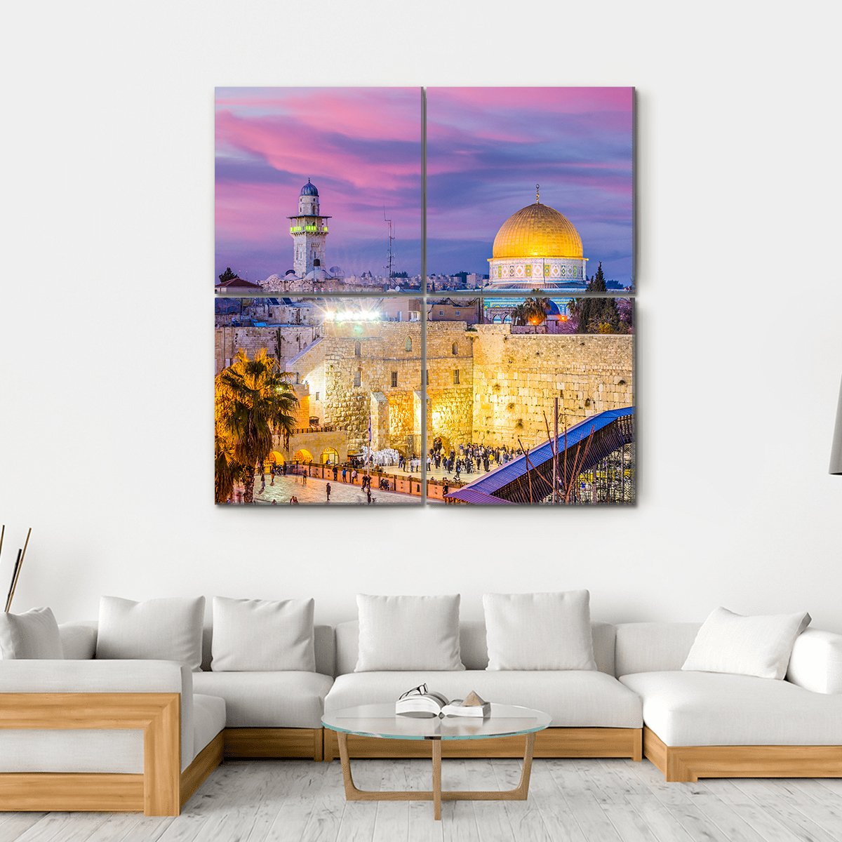 Western and Temple Mount in Jerusalem Canvas Wall Art in gold, blue and purple, hung on a wall