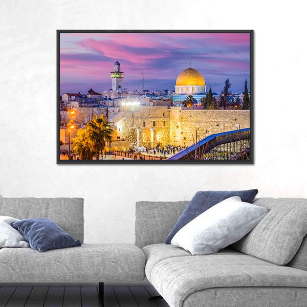 Western and Dome of the Rock, Jerusalem Canvas Wall Art in yellow, blue and purple, framed canvas, product view on a white background