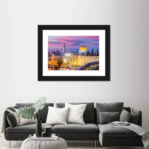 Western and Dome of the Rock, Jerusalem Canvas Wall Art in yellow, blue and purple, 4 panel Pop layout hung on a wall
