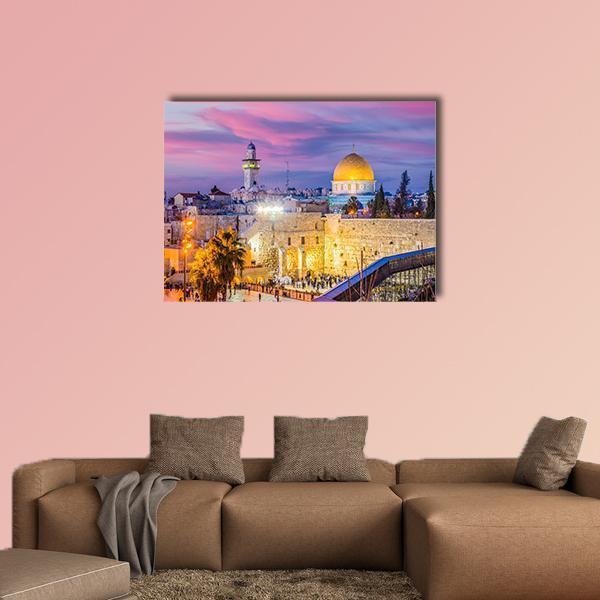 Western and Dome of the Rock, Jerusalem Canvas Wall Art in yellow, blue and purple, 4 panel Pop layout hung on a wall