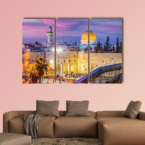 Western and Dome of the Rock, Jerusalem Canvas Wall Art in yellow, blue and purple, 4 panel Pop layout hung on a wall