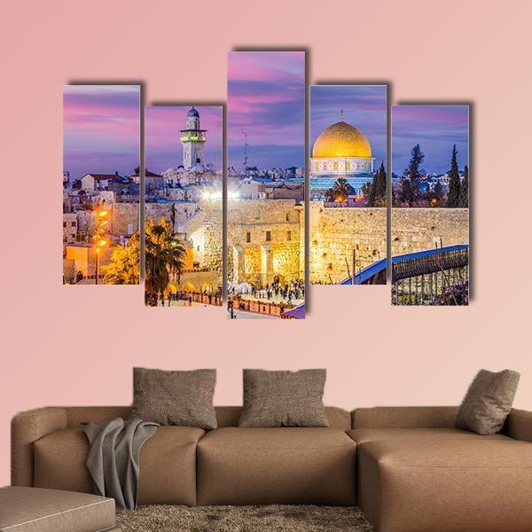 Western and Dome of the Rock, Jerusalem Canvas Wall Art in yellow, blue and purple, 4 panel Pop layout hung on a wall