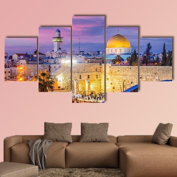Western and Dome of the Rock, Jerusalem Canvas Wall Art in yellow, blue and purple, 5 panel Star layout hung on a wall