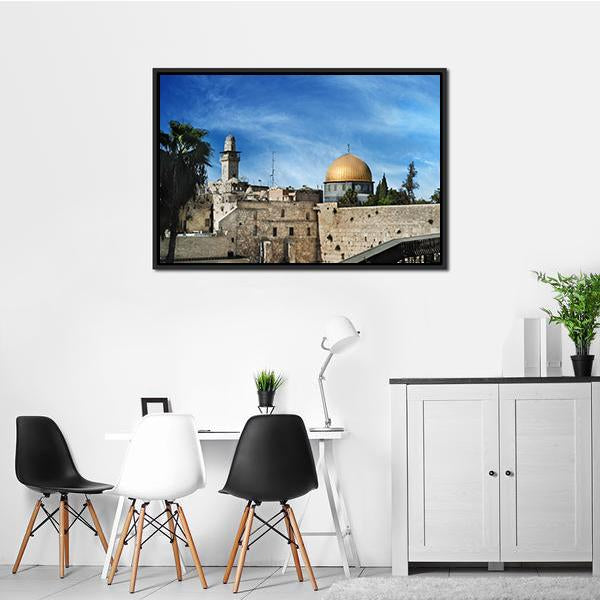 Western in Jerusalem Canvas Wall Art in beige, gold and blue, hung on a wall