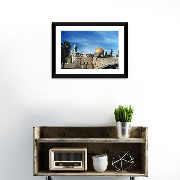 Western in Jerusalem Canvas Wall Art in beige, gold and blue, framed print, product view on a white background