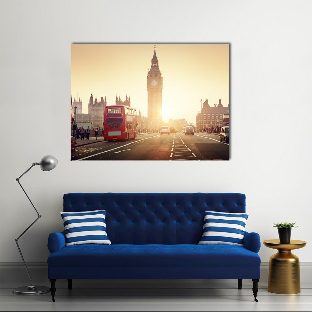 Westminster Bridge at Sunset Canvas Wall Art in brown, orange and yellow, single panel hung on a wall