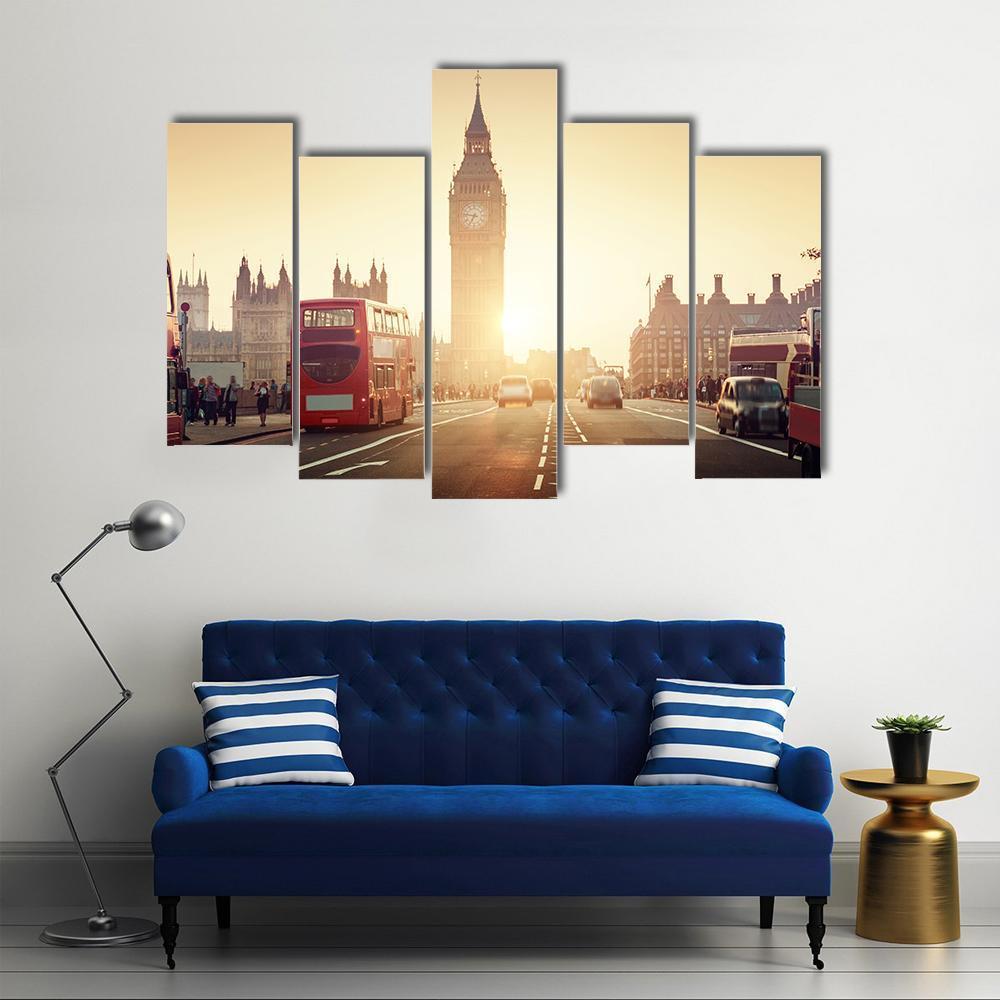 Westminster Bridge At Sunset Canvas Wall Art-5 Pop-Gallery Wrap-47" x 32"-Tiaracle