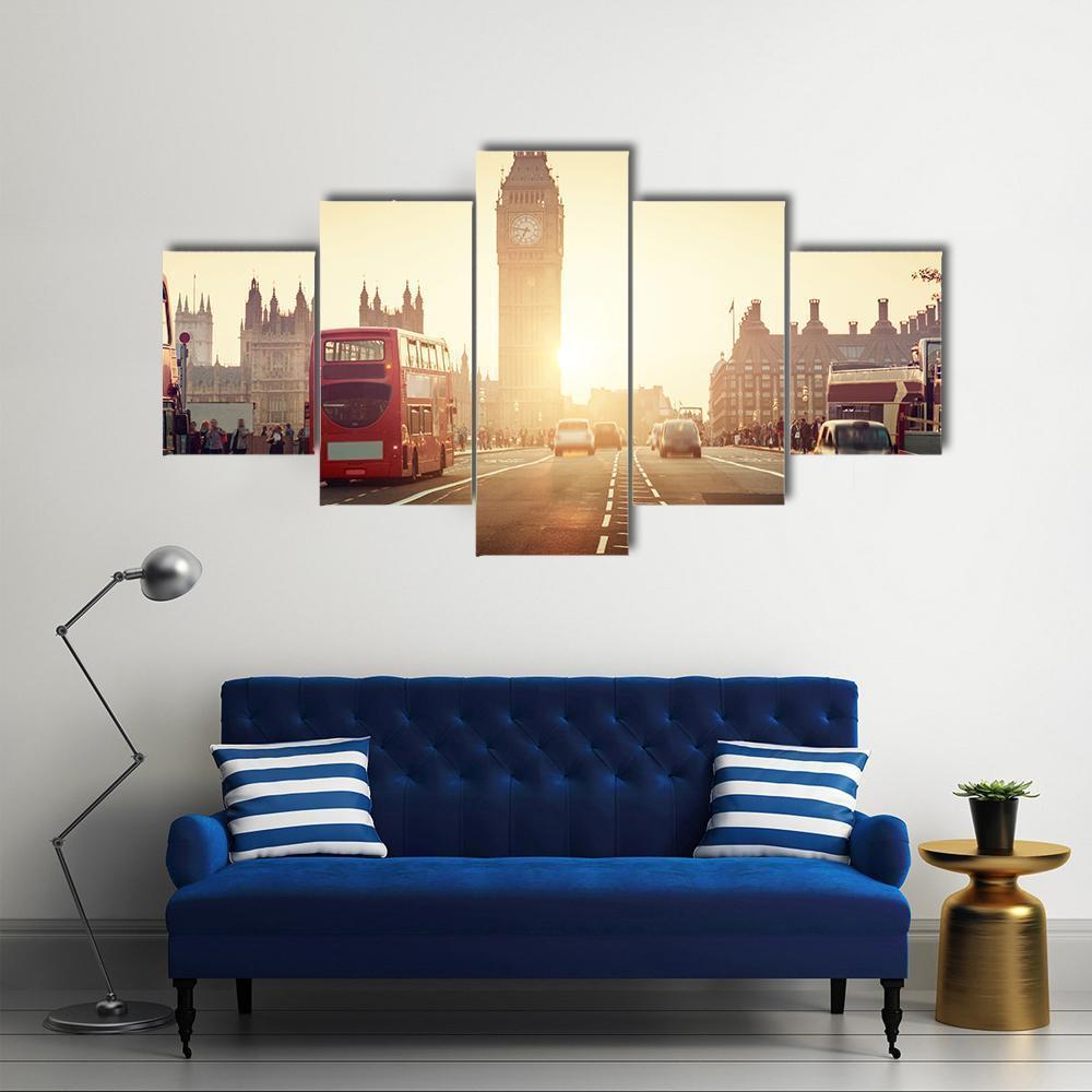 Westminster Bridge At Sunset Canvas Wall Art-5 Pop-Gallery Wrap-47" x 32"-Tiaracle