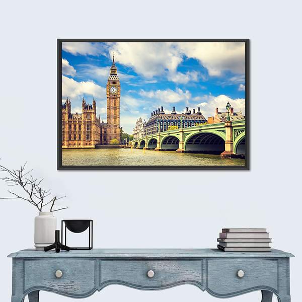 Westminster Bridge In London Canvas Wall Art-1 Piece-Floating Frame-36" x 24"-Tiaracle
