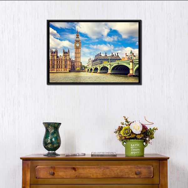 Westminster Bridge In London Canvas Wall Art-1 Piece-Floating Frame-24" x 16"-Tiaracle
