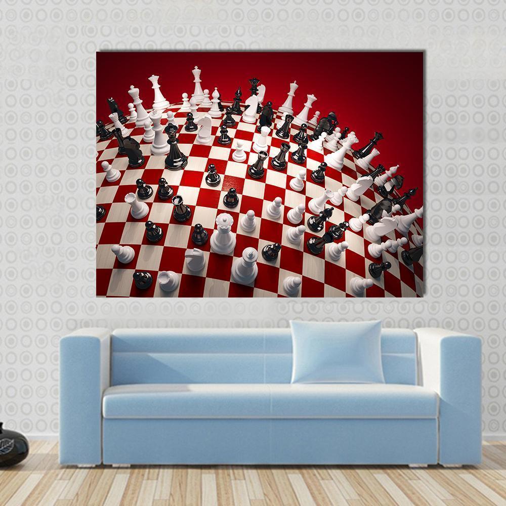 Fisheye Chessboard with White and Black Pieces Canvas Wall Art in black, white and red, single panel hung on a wall