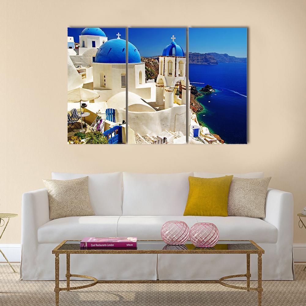 White & Blue Santorini Canvas Wall Art-3 Horizontal-Gallery Wrap-37" x 24"-Tiaracle