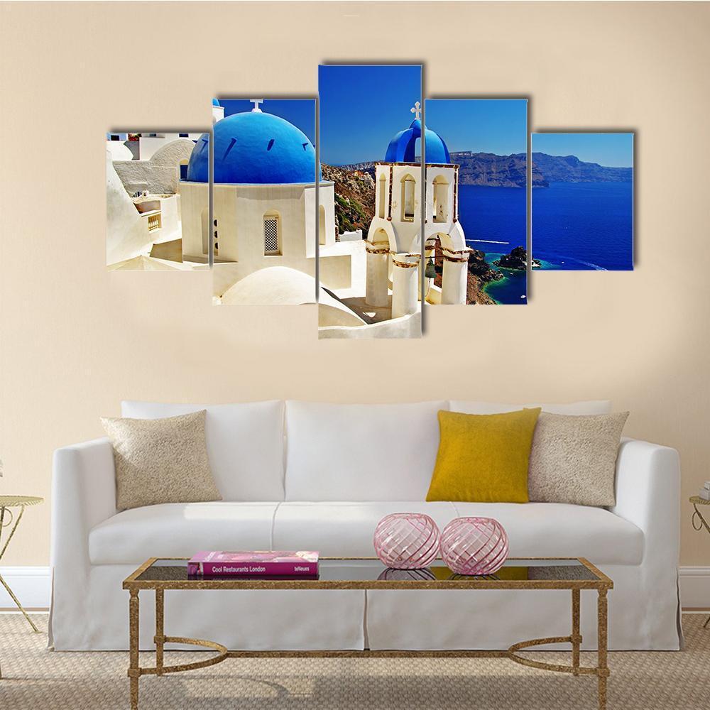 White & Blue Santorini Canvas Wall Art-5 Star-Gallery Wrap-62" x 32"-Tiaracle