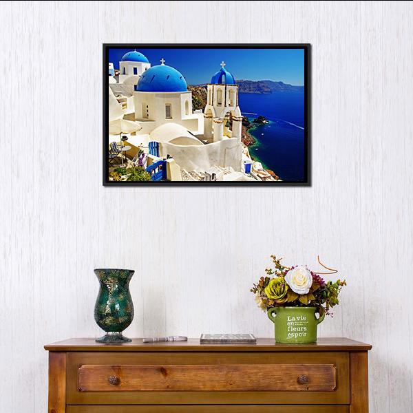 White &amp; Blue Santorini Canvas Wall Art-1 Piece-Floating Frame-24" x 16"-Tiaracle